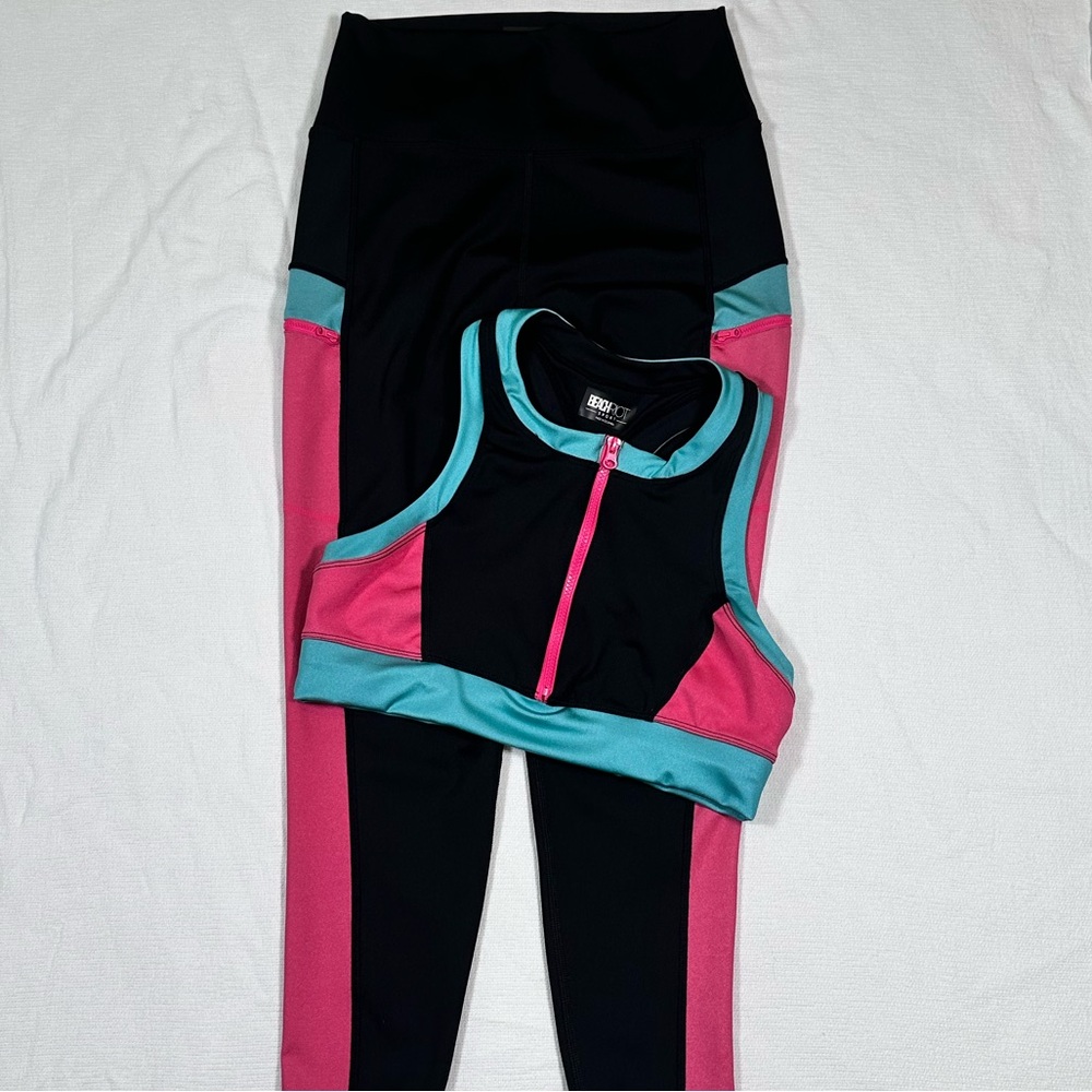 Beach Riot Tammy Scuba Zip Black Pink Teal Set Leggings Sports Bra XL Active